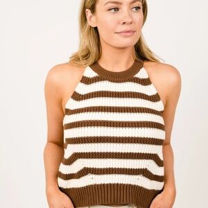 Able Brown and Cream Striped Knit Halter Tank Top